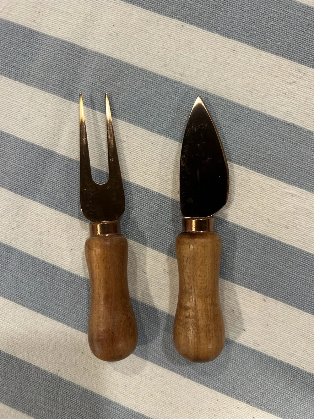 Wood-Handled Cheese Knife and Fork Set in Bronze Finish